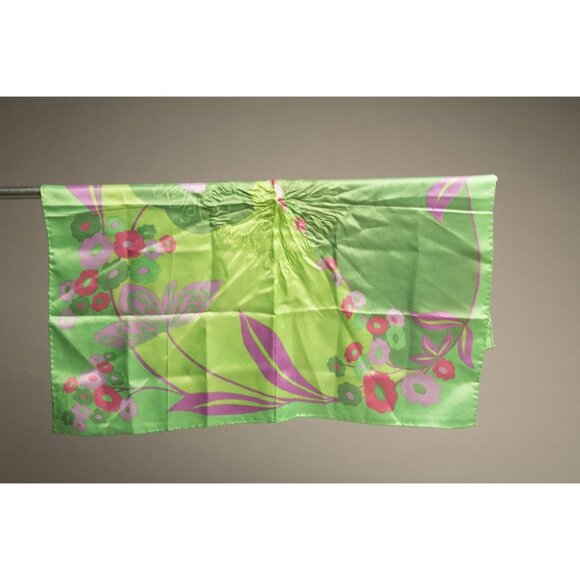 Vintage Green Pink Floral Silk Square Scarf Midcentury Design - Picture 3 of 11